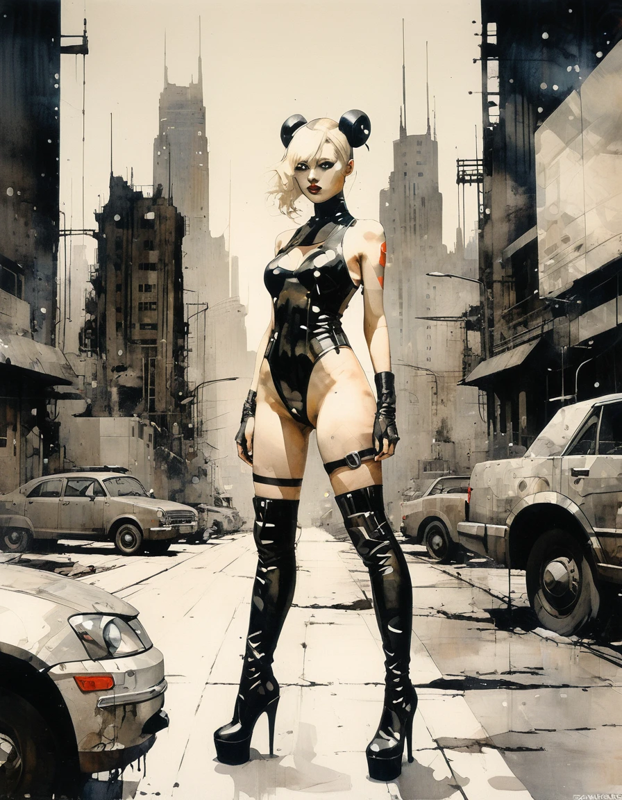 Future sexy asian blonde girl with twin-tails in a futuristic city.1.5, rusty metal city, lots of details, cars, buildings, billboards, nude NAKED TORSO, NUDE BREASTS and very tight tank top, red latex thigh high stocking extreme-highheel-wedge boots , standing pose, soft colors, flat 4d street art in the style of adrian ghenie, esao andrews, jenny saville , edward hopper, surrealism, james jean dark, takato yamamoto, inkpunk minimalism, , detailed eyes with circular iris, seamless geometric pattern harmony, luminogram, iron gall ink, art by Russ Mills, Sakimichan,, by GIlSam -paio octane rendering depicting innovation and truth, 8k, by Lee Jeffries, depth - Gs studio