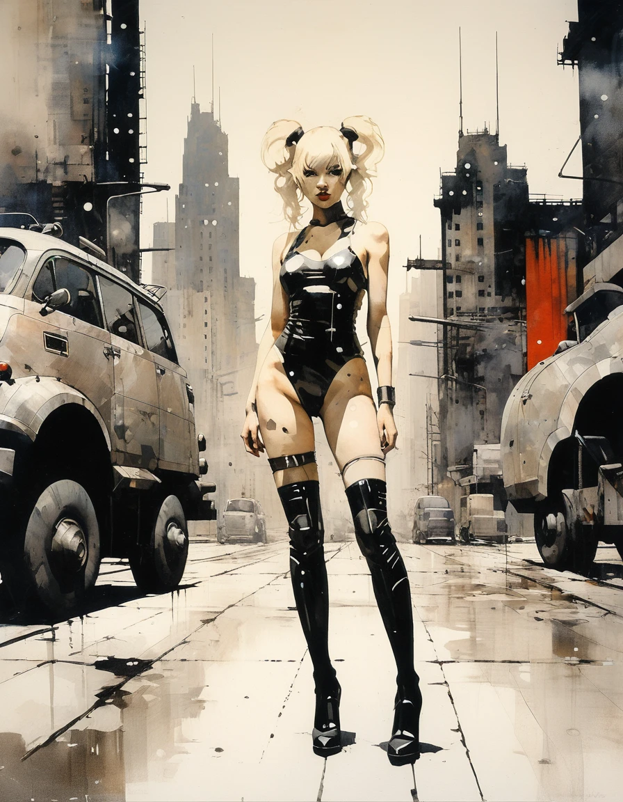 Future sexy asian blonde girl with twin-tails in a futuristic city.1.5, rusty metal city, lots of details, cars, buildings, billboards, nude NAKED TORSO, NUDE BREASTS and very tight tank top, red latex thigh high stocking extreme-highheel-wedge boots , standing pose, soft colors, flat 4d street art in the style of adrian ghenie, esao andrews, jenny saville , edward hopper, surrealism, james jean dark, takato yamamoto, inkpunk minimalism, , detailed eyes with circular iris, seamless geometric pattern harmony, luminogram, iron gall ink, art by Russ Mills, Sakimichan,, by GIlSam -paio octane rendering depicting innovation and truth, 8k, by Lee Jeffries, depth - Gs studio