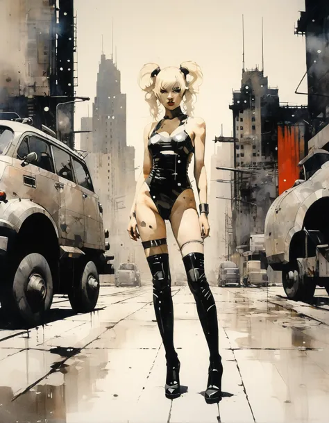 Future sexy asian blonde girl with twin-tails in a futuristic city.1.5, rusty metal city, lots of details, cars, buildings, bill...