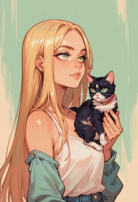 slim blonde girl , huge bobies , long hair , cat on shoulder , powerful