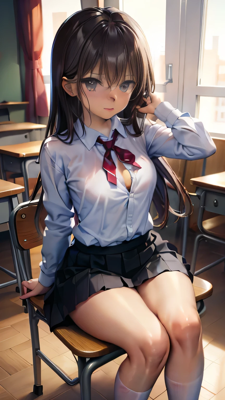 1girl absurdres arm_support black_hair black_skirt blush breasts bursting_breasts chair classroom cleavage closed_mouth collared_shirt curtains desk grey_eyes hair_between_eyes highres large_breasts looking_at_viewer mole mole_on_breast neropaso original panties pleated_skirt school_chair school_desk school_uniform shirt short_sleeves sitting skirt socks solo spread_legs underwear white_panties white_shirt white_socks window wooden_floor