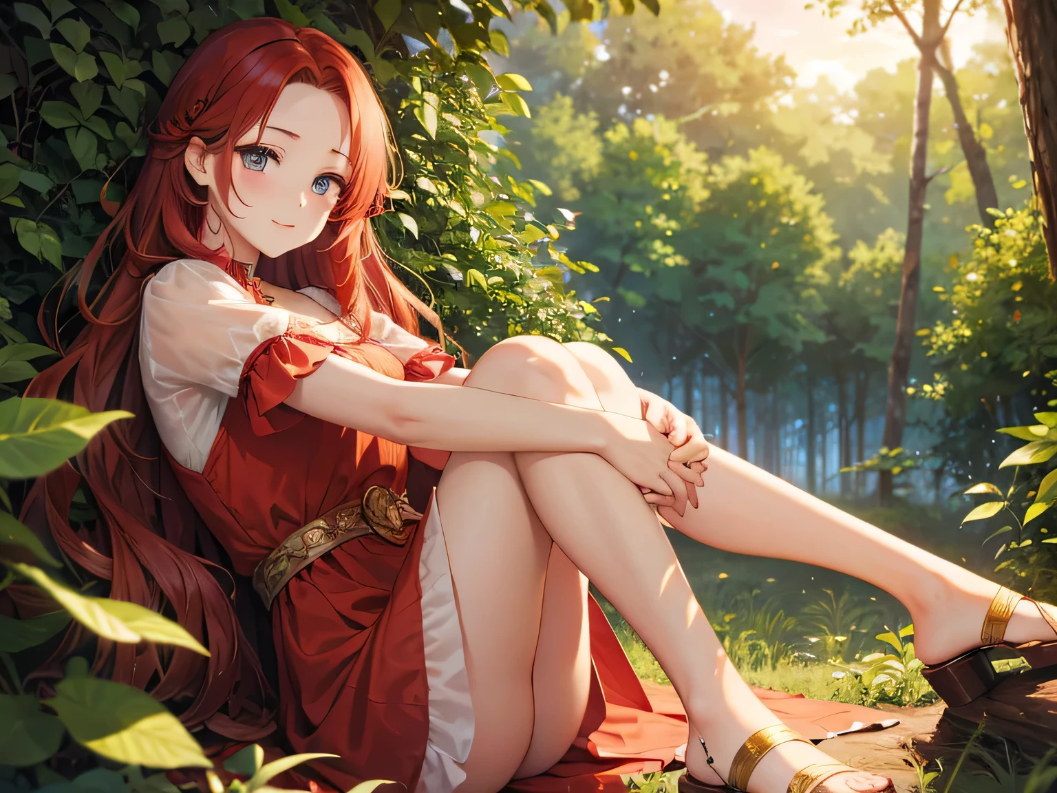 (masterpiece、High detail),(Detailed and accurate face),18-year-old、hugging own legs,(Red hair、Wavy Hair、Long Hair、Forehead),(Maxi dress)、Beautiful Eyes、sexy、sfw、in the forest、sunset