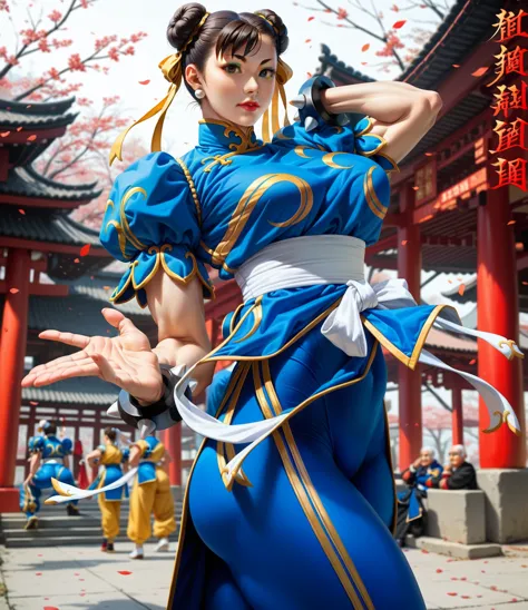 create a chun-li, de street fighter 2, 20 year old with full breasts, 80 year old grandma, young woman, very big and round ass, ...