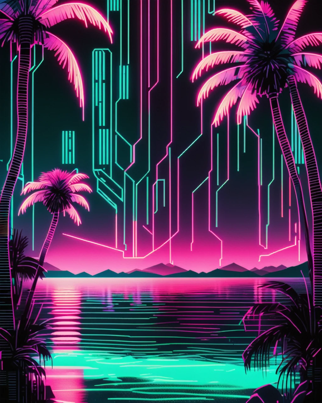 graphismes cyberpunk, (( Mer nocturne avec des palmiers et des néons ))