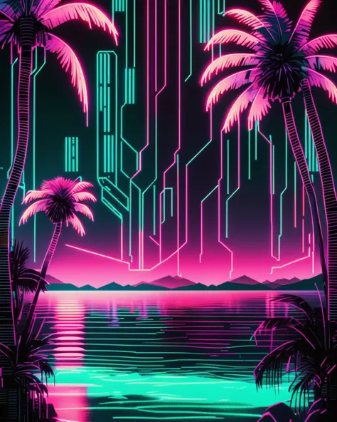 Cyberpunk graphics, (( Night sea with palm trees and neon lights ))