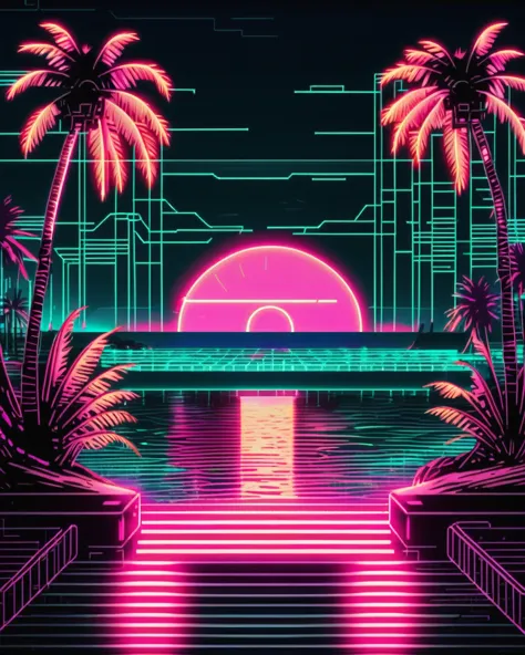 Cyberpunk graphics, (( Night sea with palm trees and neon lights ))