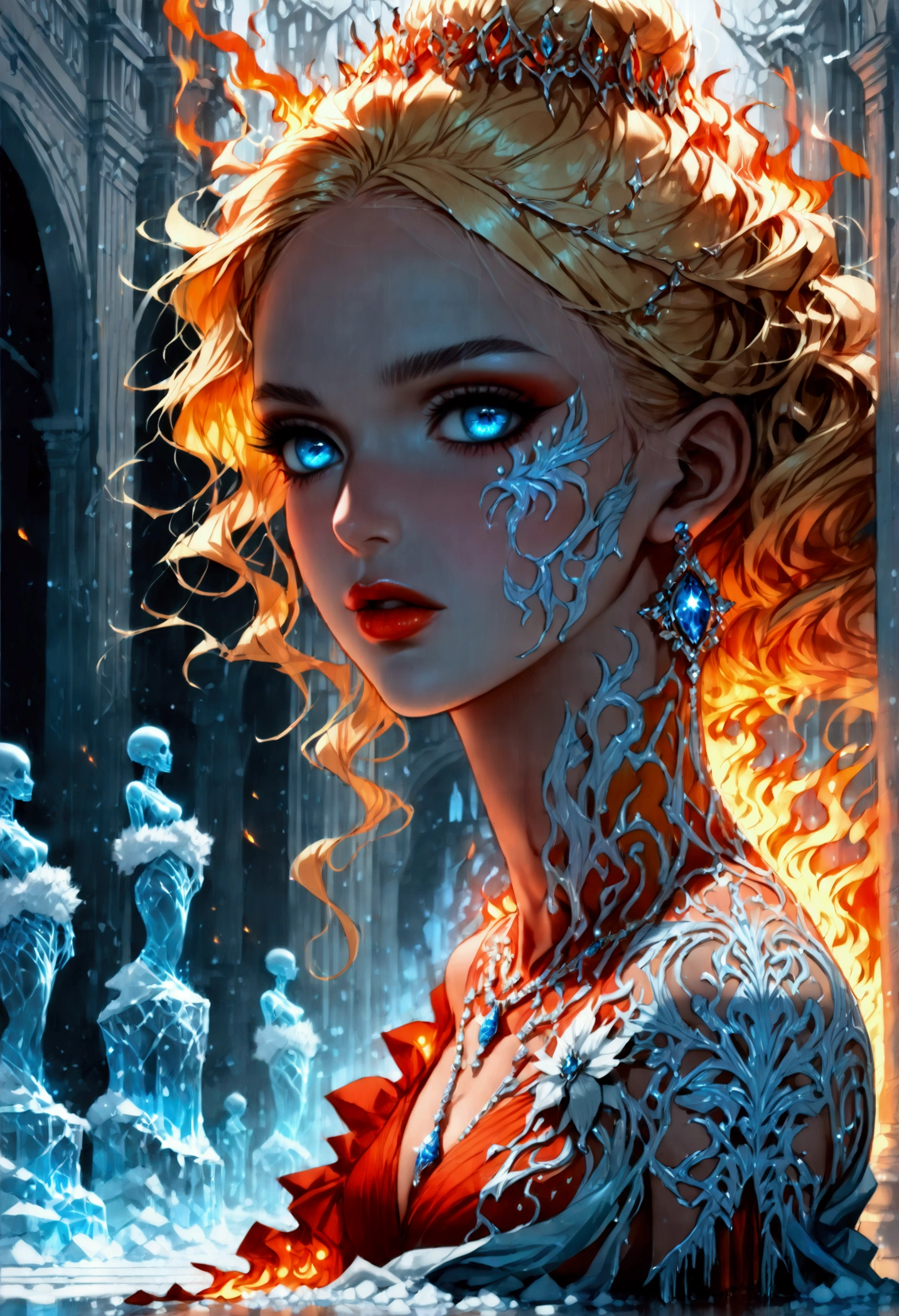 a glamour picture shot, of an elite model covered in fire walking on a icy catwalk, an extraordinary glamourous elite female model, ((full body: 1.5)),  ((anatomically correct: 1.5), (ultra detailed face: 1.2), best detailed face, blond hair, long hair, lush hair, glam hair cut, blue eyes, delicate face, light make up, wearing intricate detailed dress, glamour dress, haute couture dress, elite fashion dress, FireMagicAI,  small cleavage, wearing high heels, elegant high heels, she wears diamond necklace, she is covered in fire, she walks on an icy catwalk, image reflecting in the ice IceMagicAI, elite fashion show background, vibrant, Hyperrealism style, vibrant, Ultra-high resolution, High Contrast, (masterpiece:1.5), highest quality, Best aesthetics), best details, best quality, highres, ultra wide angle, 16k, [ultra detailed], masterpiece, best quality, (extremely detailed) RAW, FireMagicAI, IceMagicAI, Dark Art Painting Style, Dark Fantasy page