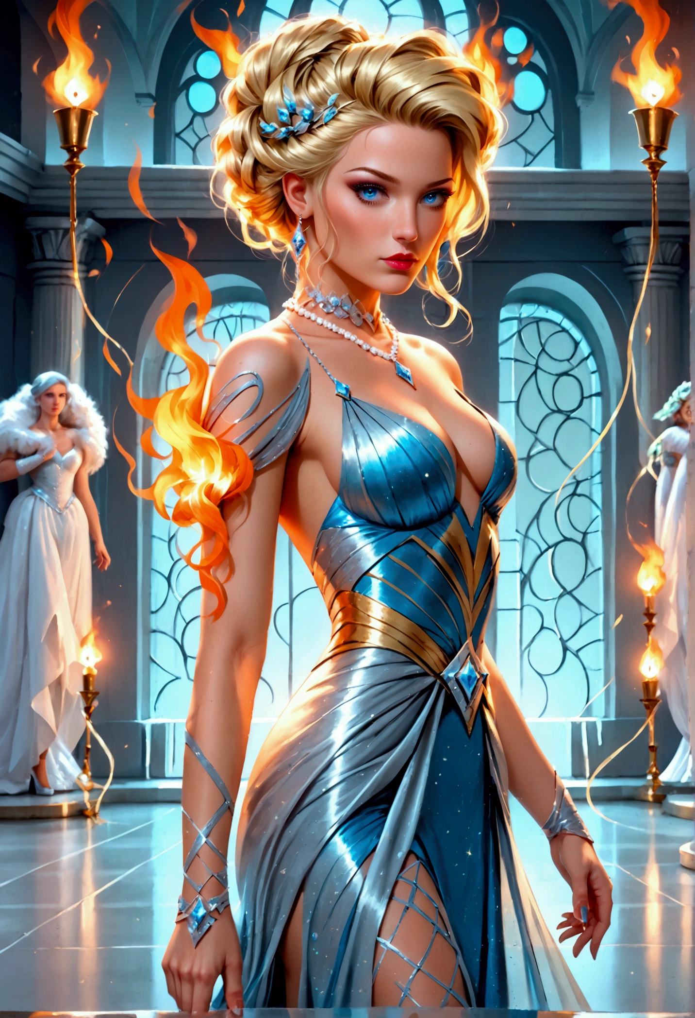 a glamour picture shot, of an elite model covered in fire walking on a icy catwalk, an extraordinary glamourous elite female model, ((full body: 1.5)),  ((anatomically correct: 1.5), (ultra detailed face: 1.2), best detailed face, blond hair, long hair, lush hair, glam hair cut, blue eyes, delicate face, light make up, wearing intricate detailed dress, glamour dress, haute couture dress, elite fashion dress, FireMagicAI,  small cleavage, wearing high heels, elegant high heels, she wears diamond necklace, she is covered in fire, she walks on an icy catwalk, image reflecting in the ice IceMagicAI, elite fashion show background, vibrant, Hyperrealism style, vibrant, Ultra-high resolution, High Contrast, (masterpiece:1.5), highest quality, Best aesthetics), best details, best quality, highres, ultra wide angle, 16k, [ultra detailed], masterpiece, best quality, (extremely detailed) RAW, FireMagicAI, IceMagicAI, Dark Art Painting Style, Dark Fantasy page