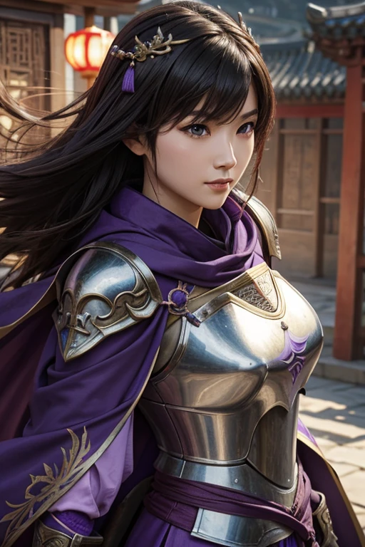 Close-up of a woman in armor and purple cloak, Koei Tecmo, Zhao Yun, China&#39;Three Kingdoms, Bianlian, Genghis Khan, Feng Shui, ponytail, Xianxia Hero, Chinaの戦士,