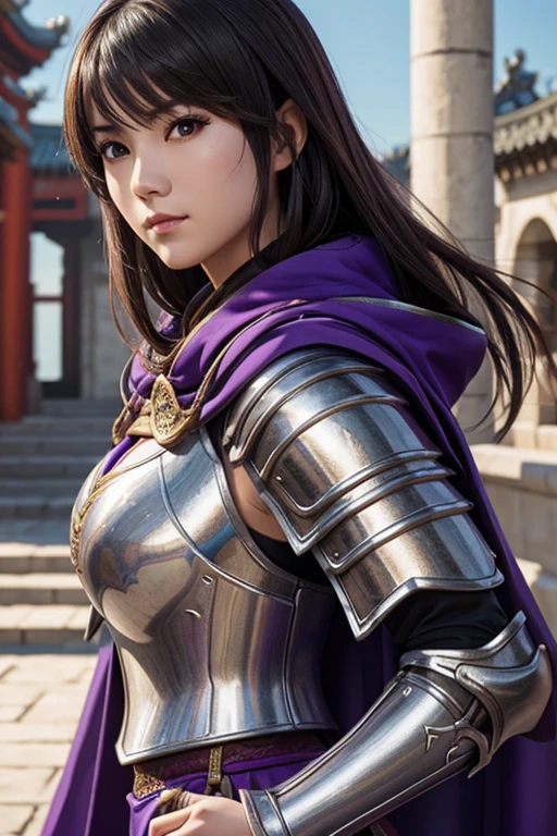 Close-up of a woman in armor and purple cloak, Koei Tecmo, Zhao Yun, China&#39;Three Kingdoms, Bianlian, Genghis Khan, Feng Shui, ponytail, Xianxia Hero, Chinaの戦士,