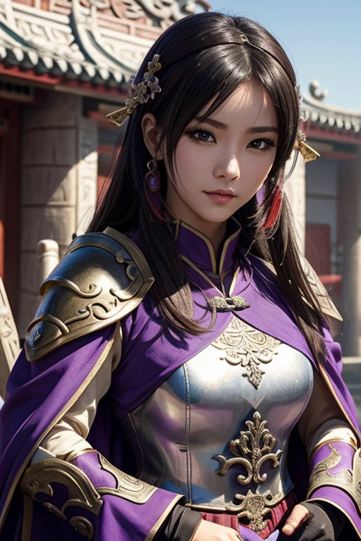 Close-up of a woman in armor and purple cloak, Koei Tecmo, Zhao Yun, China&#39;Three Kingdoms, Bianlian, Genghis Khan, Feng Shui, ponytail, Xianxia Hero, Chinaの戦士,