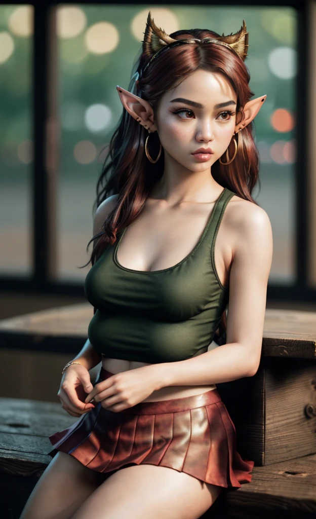 (masterpiece), (extremely intricate:1.3), (realistic), portrait of an Asian girl, (elf ears:1.2), small and perfect breasts, the most beautiful in the world, extra breasts, dark eyebrows, wavy red hair, doe eyes, (wearing tank top:1.1), skirt, slim, detailed textures, upper body, classroom, heavy makeup, gold hoop earrings, extra breasts, professional photograph of a stunning woman detailed, looking past the camera, seductive, detailed eyes, sharp focus, dramatic, award winning, cinematic lighting, octane render  unreal engine,  volumetrics dtx, (film grain, blurry background, blurry foreground, bokeh, depth of field, motion blur:1.3)