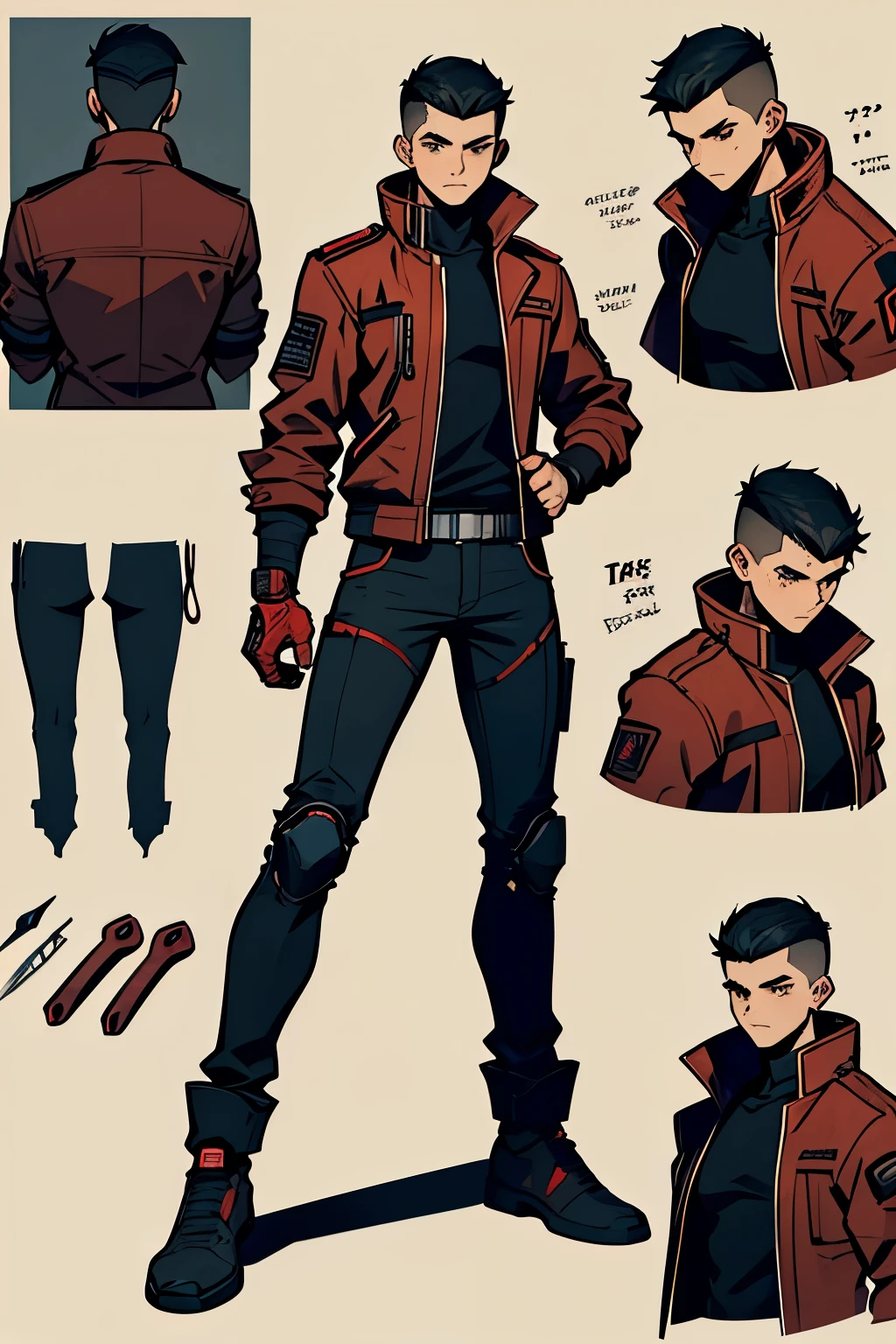 Original adoptable  boy character reference sheet. black hair clothing Cyberpunk apocalyptic haircut taper fade medium  ,  Juvenile red jacket with biomass claw hands moving on 3 fingers like appendages that can be used to grind meat and bone, cutting through Infected and Military with a single sweep in some cases.