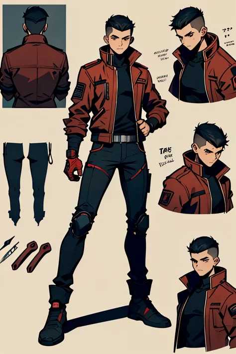 Original adoptable 15 year old boy character reference sheet. black hair clothing Cyberpunk apocalyptic haircut taper fade medium  ,  Juvenile red jacket with biomass claw hands moving on 3 fingers like appendages that can be used to grind meat and bone, cutting through Infected and Military with a single sweep in some cases.