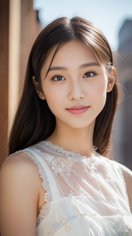 (Best quality, 8K, masterpiece:1.3)) , (one person: 1.4), 1girl, a Korean woman, a goddess, 25 years old, portrait photography, high contrast, God perspective, aperture F1.2, focal length 24mm, ( Full body: 1.2), smile, pose for photos, fine lace, slip dress, simple cut dress, brand dress, simple cut, long black hair, hair tied up, super detailed skin details, detailed fabric texture