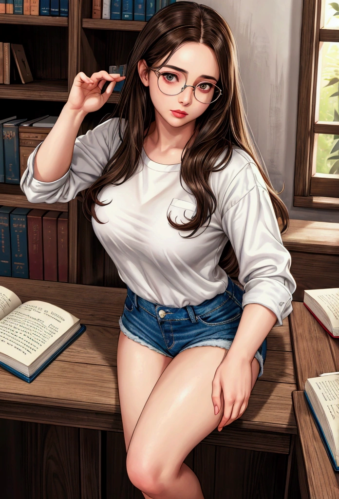 1girl with long brown hair,glasses,tight white shirt,very short denim shorts,(on tiptoe)while reaching for a book from a wooden bookshelf,detailed face,beautiful eyes,beautiful lips,photorealistic,8k,highres,cinematic lighting,vivid colors,warm color palette,natural lighting,intricate details,hyper realistic,digital art,realistic portrait