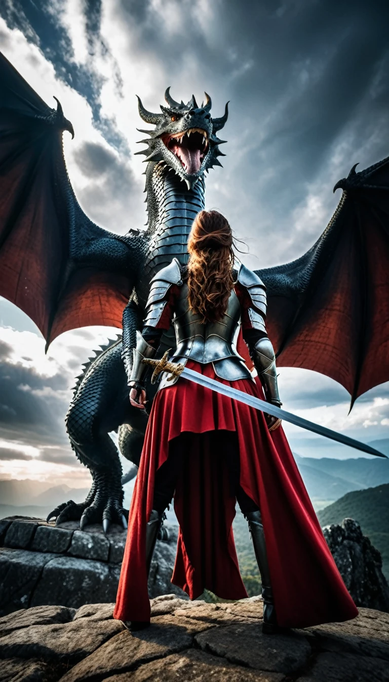 Une femme chevalier médiévale debout devant un énorme dragon, prise de vue en contre-plongée, vue arrière, dragon dramatique et dominant, Armure détaillée, poignée d&#39;épée complexe, cape fluide, pose héroïque, Éclairage cinématographique, paysage fantastique, ciel nuageux maussade, Scène fantastique épique