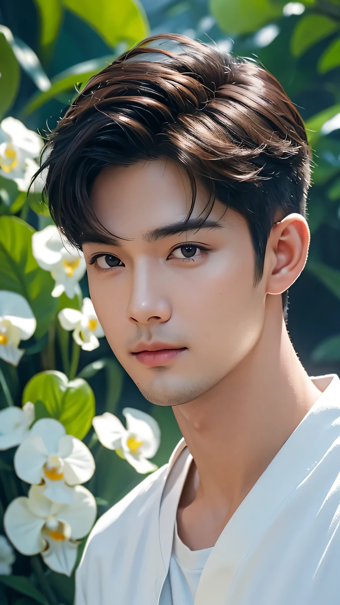 ASİAN, young male, perfect face, closeup photo , standing facing the camera ,brown hair, dark brown eyes,sweat body,oval face, white skins, dynamic seductive face,white Shirt, masterpiece, best quality, photorealistic, realistic, hyperRealism, Perfect anatomy, Perfect perspective, with a tropical garden in the background,torpical flower and orchids in the background,photorealistic, realistic, hyperRealism, soft focus, shallow depth of field, dynamic lighting,lens 35mm f 1.8,dust, Technicolor, Panavision, cinemascope, sharp focus, fine details, 8k, HDR, Realism, realistic, key visual, film still, cinematic color grading, depth of field,,nurse,male，male人，male生,kpop