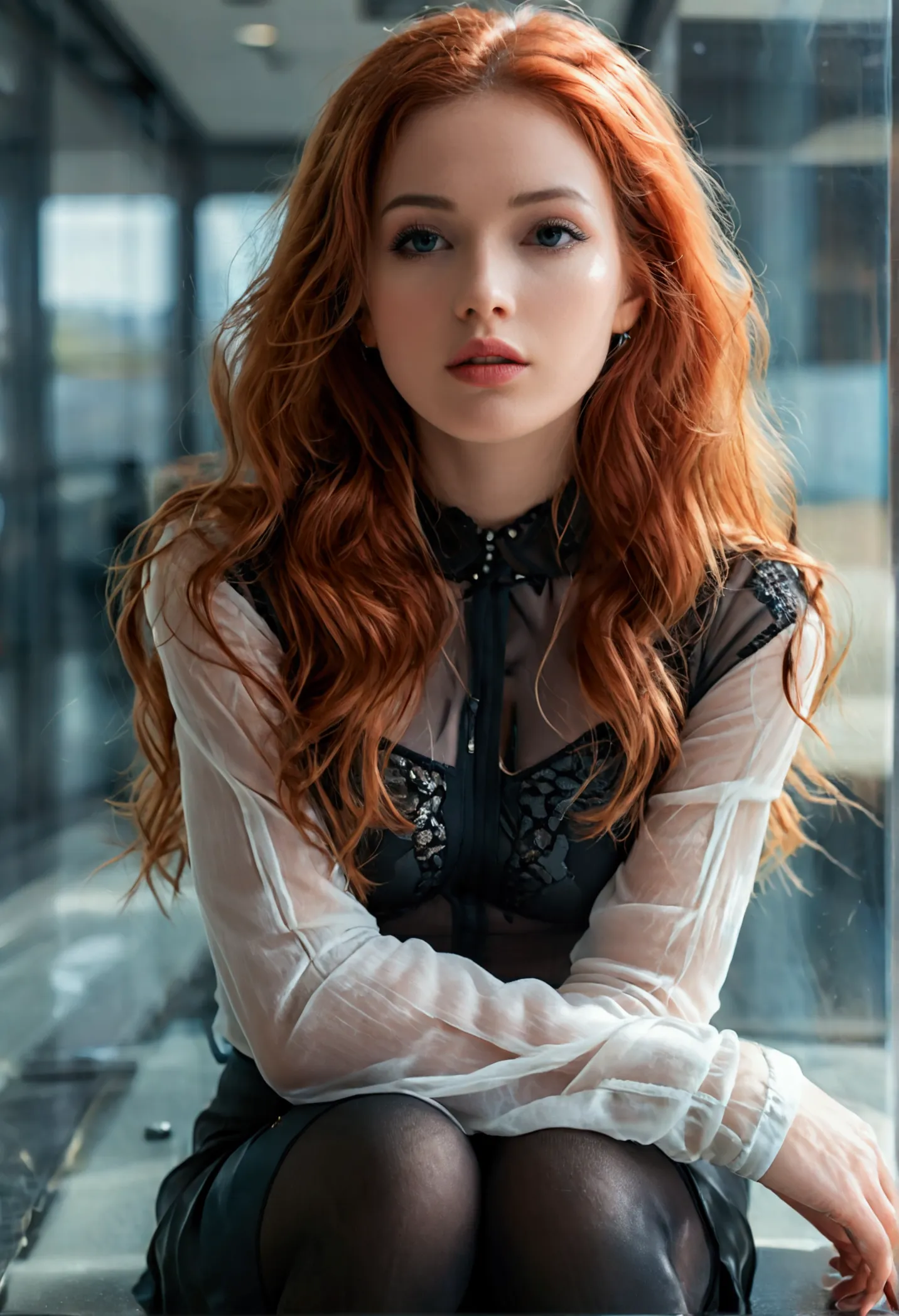 (full body shot:1.7) photorealistic image of a (sitting pose:1.7) ultrarealistic, photography, long red hair, woman, 24 years ol...