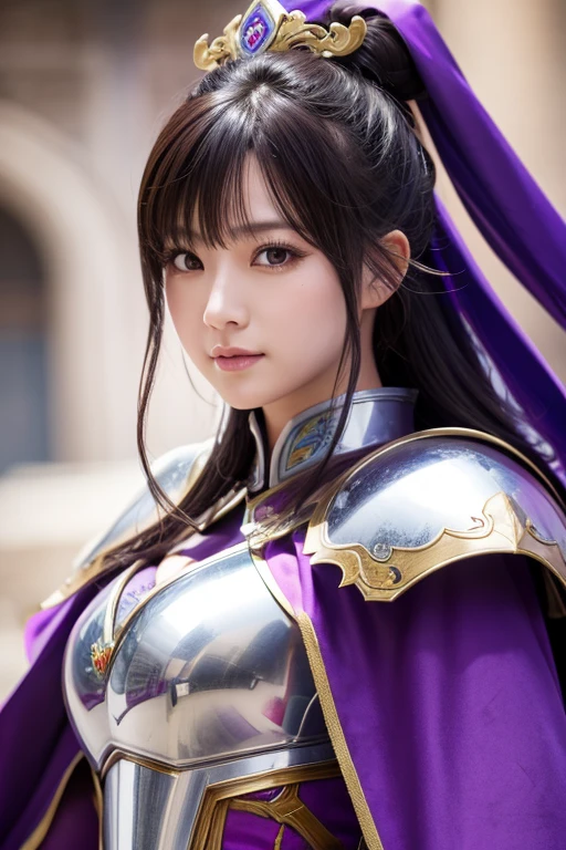 Close-up of a woman in armor and a purple cape, Koei Tecmo, Zhao Yun, China&#39;Three Kingdoms, Bianlian, Genghis Khan, Feng Shui, ponytail, Xianxia Hero, Chinaの戦士,