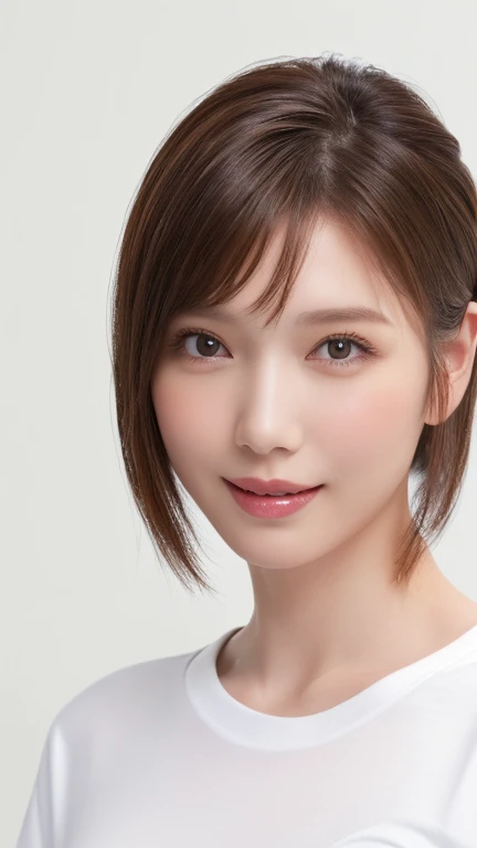 (Highest quality、8k、32K、masterpiece)、(Realistic)、(Realistic:1.2)、(High resolution)、Very detailed、Very beautiful face and eyes、1 girl、Round and small face、Tight waist、Delicate body、(close、Highest quality、Attention to detail、Rich skin detail)、(Highest quality、8k、Oil paints:1.2)、Very detailed、(Realistic、Realistic:1.37)、Bright colors、(((blush)))、(((I am brunette)))、(((From the thigh up)))、((short hair、ponytail))、(((Pure white wall background)))、(((She is wearing a white T-shirt)))、jeans、(((Pure white wall background)))、(((It is a short-sleeved T-shirt)))、Smile