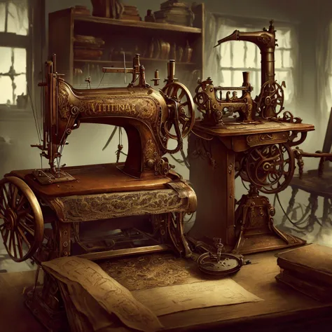 victorianpunkai, sewing machine, ultra detailed, intricate, cluttered environment