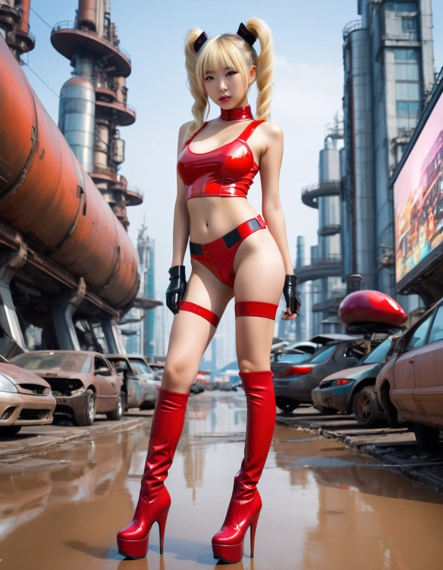 Future sexy asian blonde girl with twin-tails in a futuristic city.1.5, rusty metal city, lots of details, cars, buildings, billboards, nude NAKED TORSO, NUDE BREASTS and very tight tank top, red latex thigh high stocking extreme-highheel-wedge boots , standing pose, soft colors, 