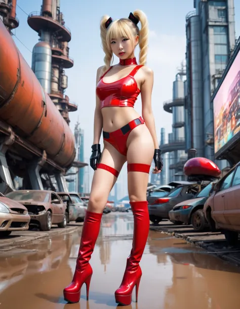 Future sexy asian blonde girl with twin-tails in a futuristic city.1.5, rusty metal city, lots of details, cars, buildings, bill...