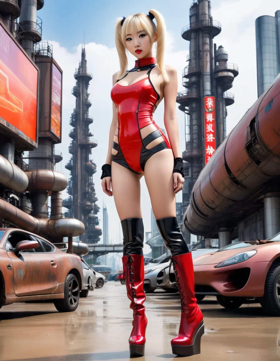 Future fille blonde asiatique sexy avec des doubles queues dans une ville futuriste.1.5, ville en métal rouillé, beaucoup de détails, voitures, bâtiments, panneaux d&#39;affichage, nu TORSE NU, SEINS NUS et débardeur très moulant, cuissardes en latex rouge, bottes compensées à talons extrêmement hauts , Posture debout, couleurs douces, 