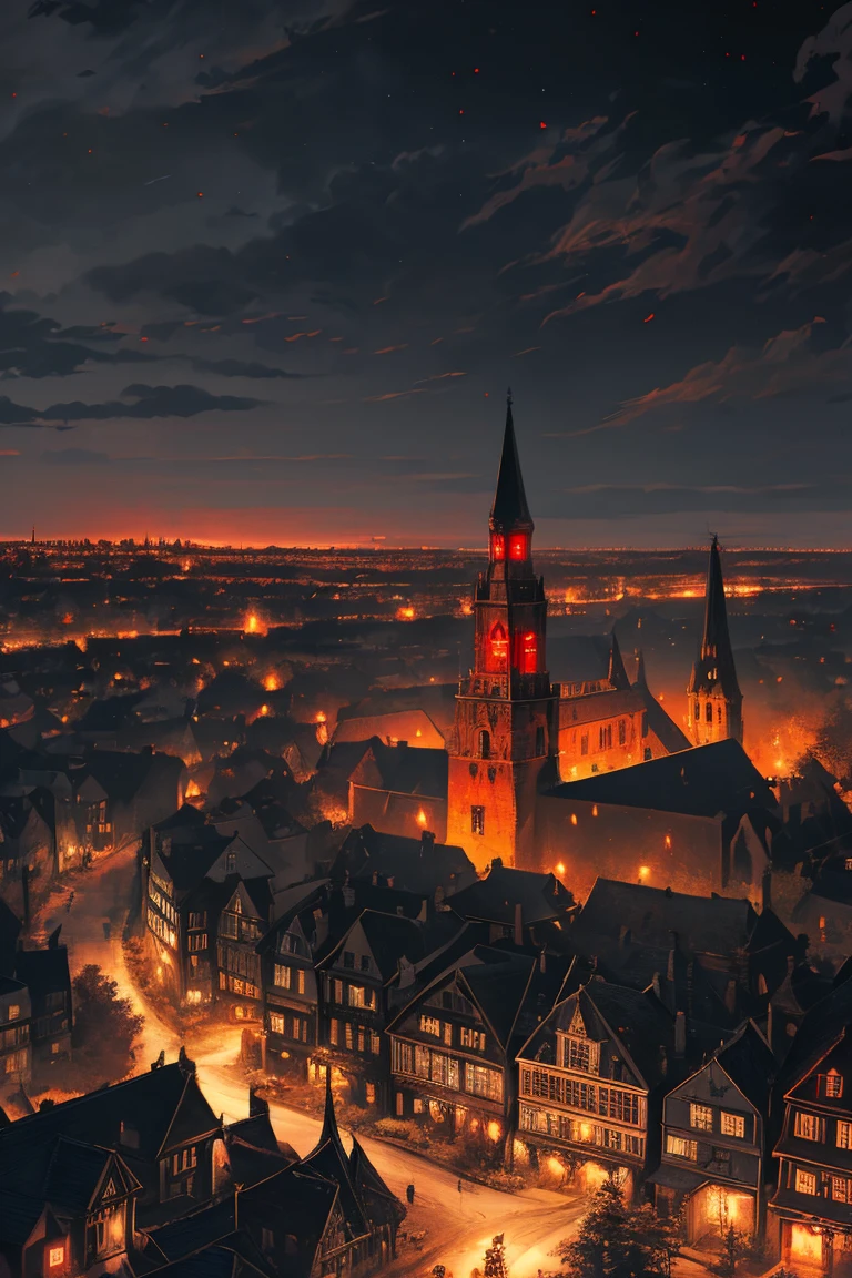 old European village shot with bird view, (Red glowing eyes), masterpiece, Depth of written boundary, Lutz, Gwaites style artwork, Gothic aesthetics, Dark Vampire village, ((in the dark gothic style cathle:1)), ((dark mid-night time:1.5)),