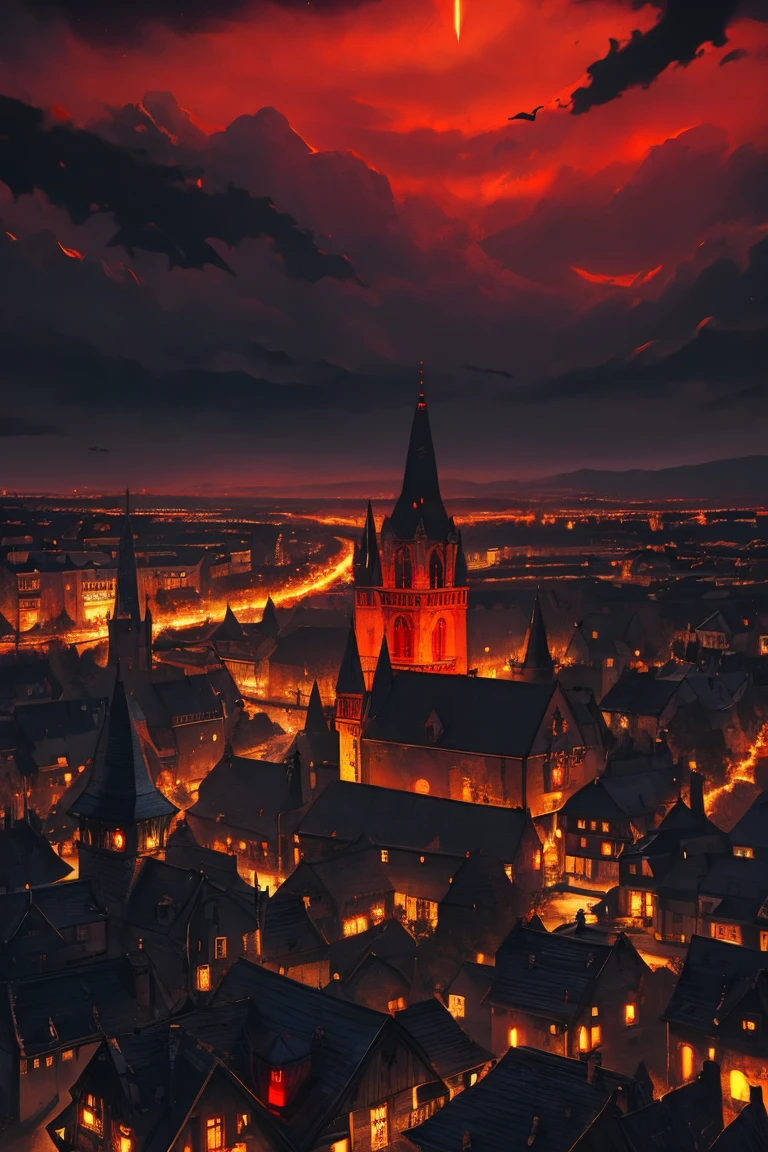 old European village shot with bird view, (Red glowing eyes), masterpiece, Depth of written boundary, Lutz, Gwaites style artwork, Gothic aesthetics, Dark Vampire village, ((in the dark gothic style cathle:1)), ((dark mid-night time:1.5)),