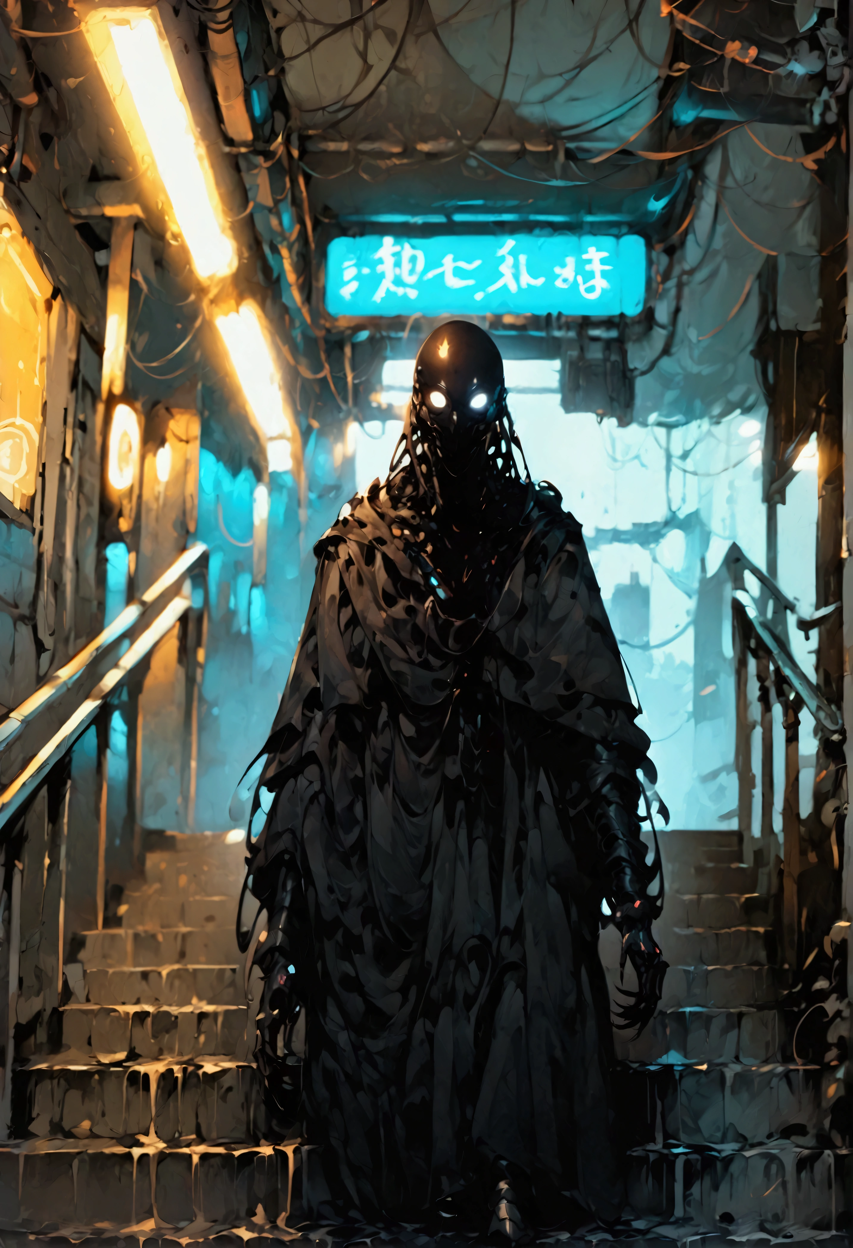 (score_9, score_8_up, score_7_up), zPDXL, 1 shadow, alone, looking at viewer, subway exit background, cyberpunk, abstract dark body, glowing white eyes, black face, black body, full body, his entire black body disembodied, going up the stairs, organic shadow, crows, humanoid figure wrapped in shadows, sinister and threatening figure, glowing eyes stand out in the darkness, almost amorphous dark silhouette, going up stairs, background with pipes and cyberpunk signs, ethereal almost liquid texture, it was made of a dark, viscous substance that drips and spreads, dark aura, black claws, seen from above,