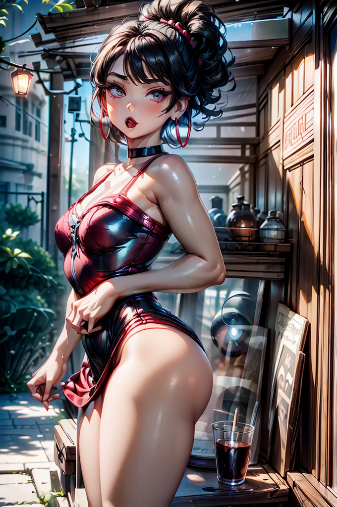 (8K HDR photorealistic pic), Betty Boop, short, althetic form, curvy lady, ((tight little red dress:1.2)), dark eyebrows, ((blush, black lipstick, hoop earrings)), dark eyeshadow, curvy silhouette, busty buxom body, (curly short black hair), shortstack, (retroussé breasts), darling figure, (supple pouting breasts), firm thighs, hourglass figure, kerchief, big brown eyes, dancing seductively, hazily lit bar