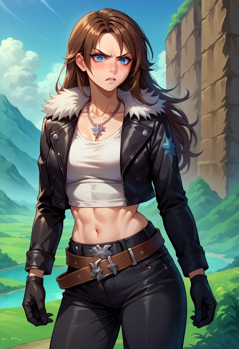 score_9, score_8_up, score_7_up, 1girl, solo, (female:1.5),female focus, female body, squall, necklace, brown hair, long hair, gloves, white crop top, blue eyes, shirt, black gloves, jacket, black jacket, fur trim jacket, black pants, belt,breasts, scar, diagonal scar, scar on face, parted bangs, angry, blushing, pulling down pants, white underwear, looking down, standing, landscape,