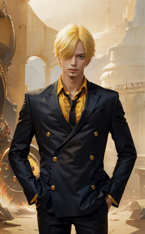 1man, sanji in anime one piece, short hair , yellow hair, black eyes, handsome, black clothes, realistic clothes, detail clothes...