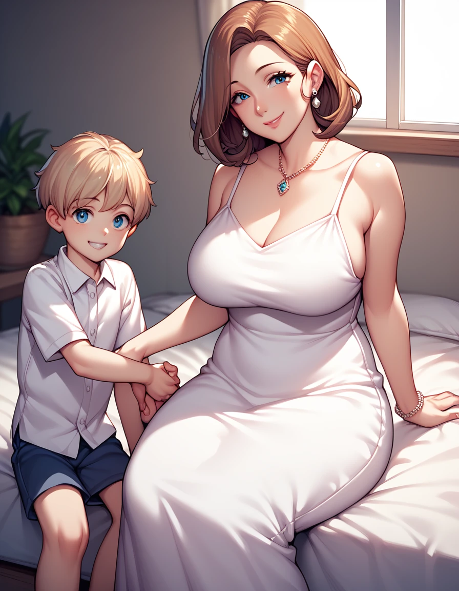 score_9, score_8_up, score_7_up, source_anime, 1boy, 1girl, mature female, mother and son, kid, smile, looking at viewer, The mother sits, son is grabbing, white dress, from behind