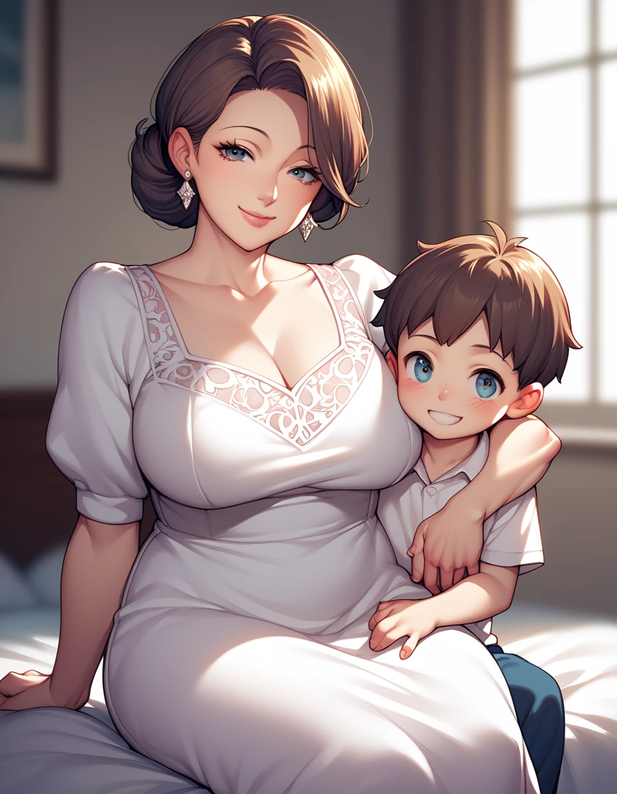 score_9, score_8_up, score_7_up, source_anime, 1boy, 1girl, mature female, mother and son, kid, smile, looking at viewer, The mother sits, son is grabbing, white dress, from behind