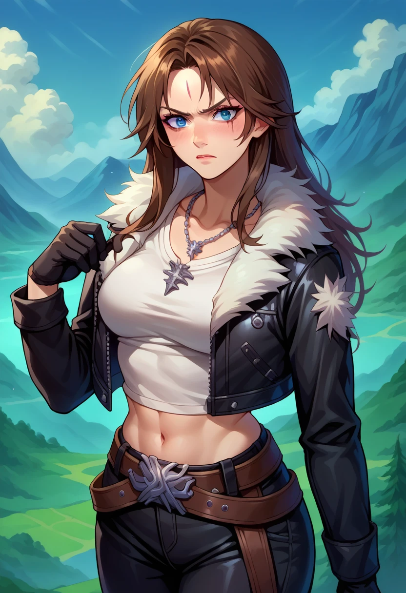 score_9, score_8_up, score_7_up, 1girl, solo, (female:1.5),female focus, female body, squall, necklace, brown hair, long hair, gloves, white crop top, blue eyes, shirt, black gloves, jacket, black jacket, fur trim jacket, black pants, belt,breasts, scar, diagonal scar, scar on face, parted bangs, angry, blushing, hand to wraist, looking down, standing, landscape,