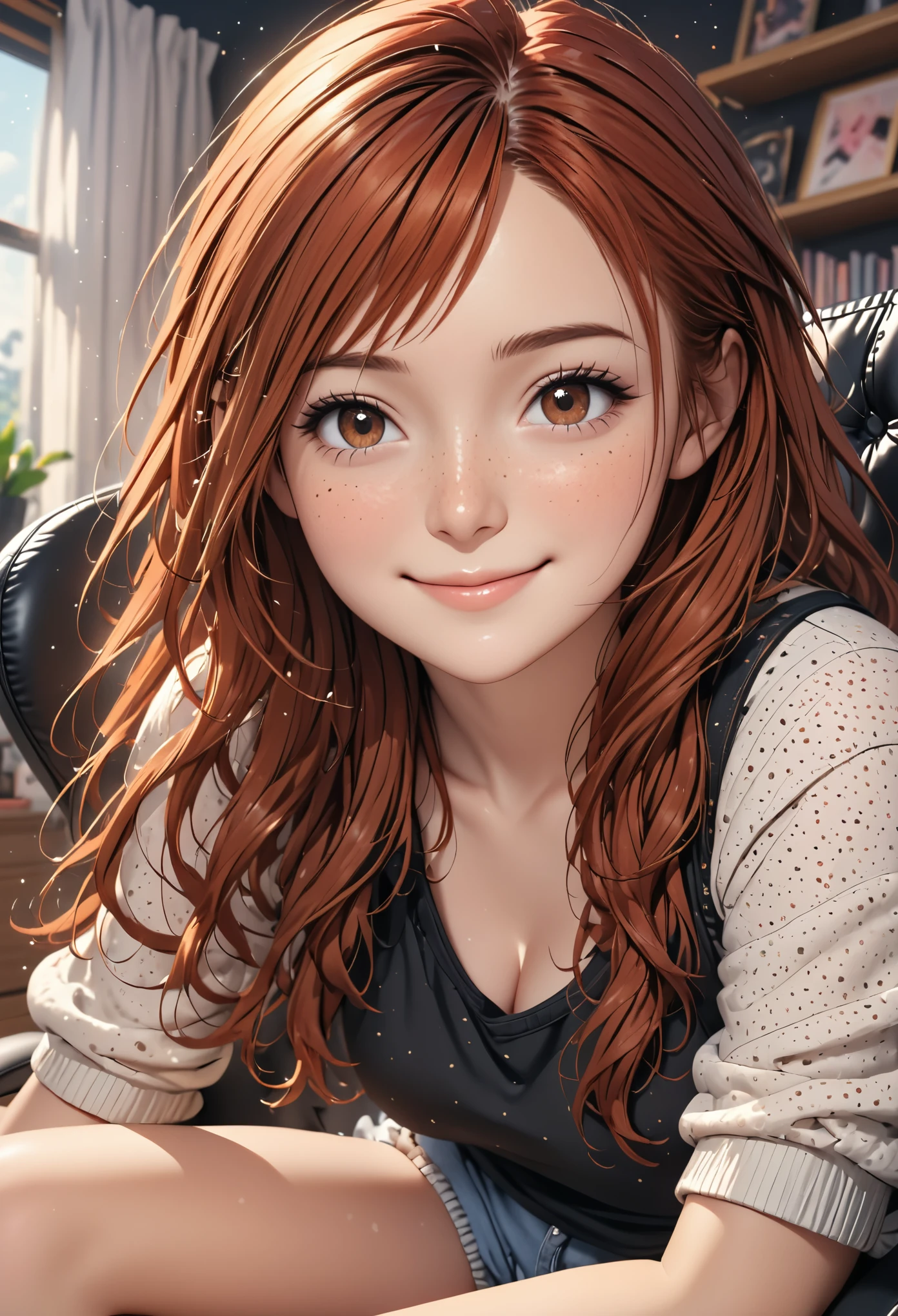 (young woman:1.4), (she wears cozy shorts and a black top), brown boots, long red hair, brown eyes, (smilie:1.4), detailed skin texture, realistic skin pores, freckles skin, skin impurities, sitting on a black gaming chair in a girly room, 24k resolution, highly detailed, (natural front light:0.5), (low angel shot:1.5)