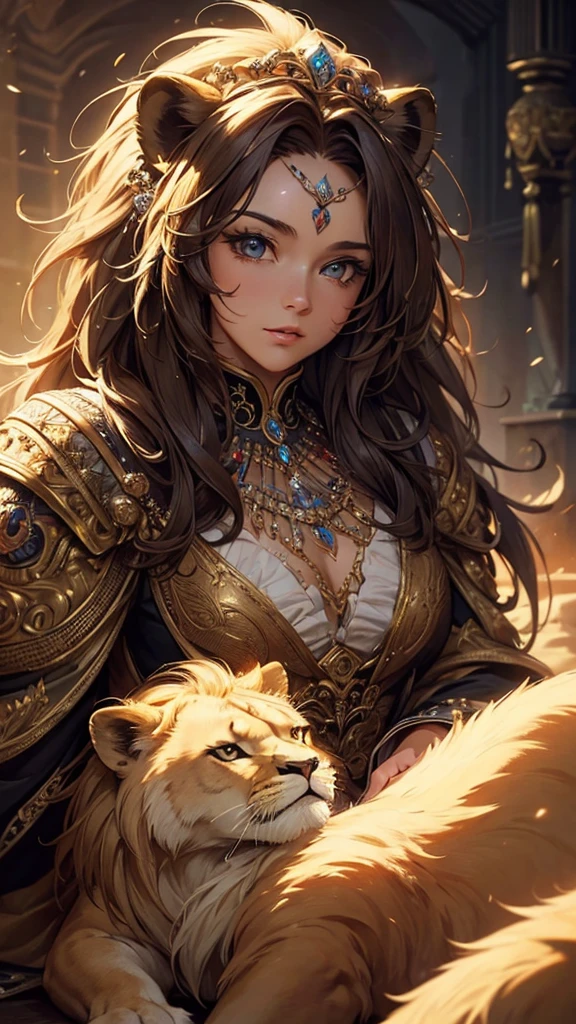 (masterpiece:1.4), (Highest quality:1.4), Fantasy,Extremely detailed, Complex, hyper detailed, Soft lighting,Cute Lion
