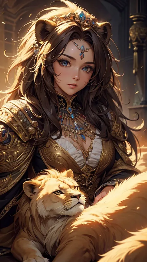 (masterpiece:1.4), (highest quality:1.4), fantasy,extremely detailed, complex, hyper detailed, soft lighting,cute lion