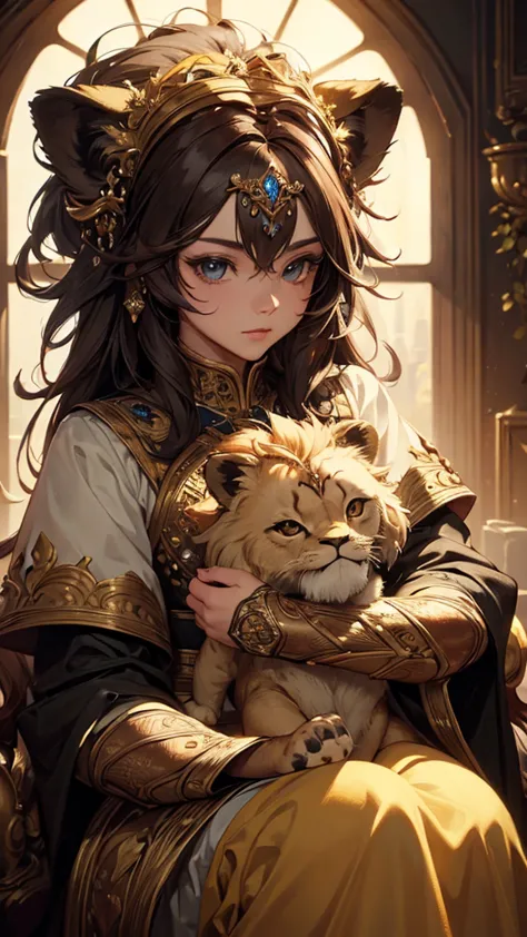 (masterpiece:1.4), (highest quality:1.4), fantasy,extremely detailed, complex, hyper detailed, soft lighting,cute lion