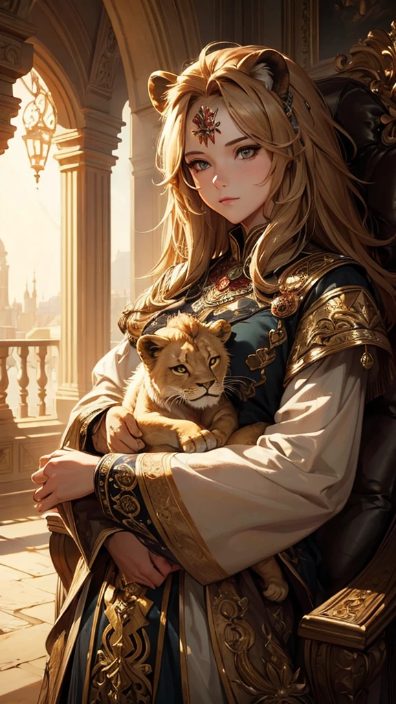 (masterpiece:1.4), (Highest quality:1.4), Fantasy,Extremely detailed, Complex, hyper detailed, Soft lighting,Cute Lion
