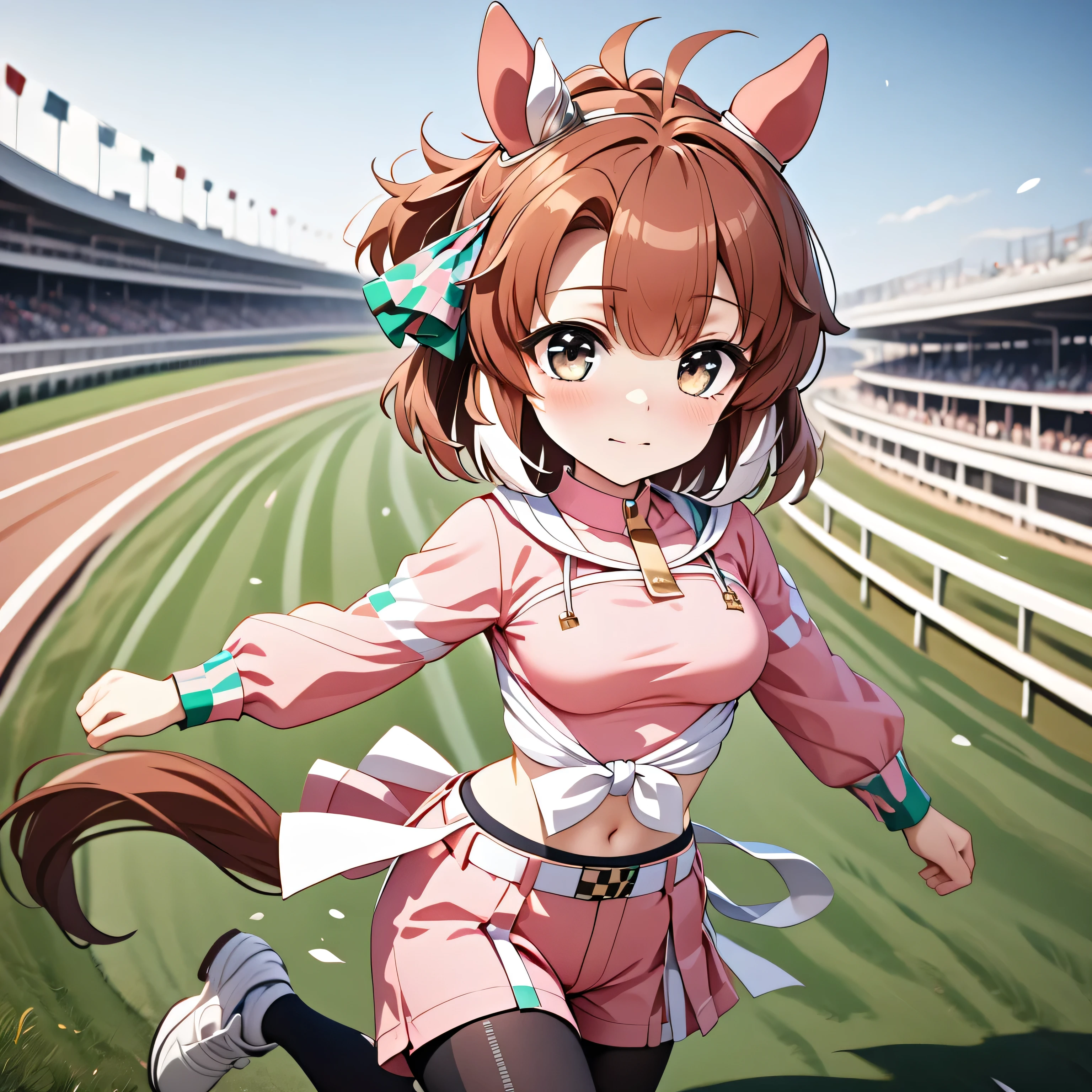 1girl,dantsu_flame\(umamusume\),,horse tail,horse ears, pink clothes,black pantyhose, midriff, belt, tied shirt, pink skirt, navel, solo, pink shirt, long sleeves, pink shorts,serious,sweat,closed mouth,grit your teeth, motion blur,(((running))),((dash)), sweat,smoke,(((turf))),motion lines, (((horse racing track))), (((chibi))),,ai-generated,,beautiful eyes,masterpiece,best quality,highres,4k,8k,