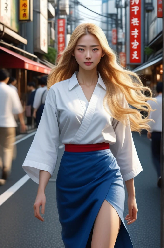 Masterpiece, Best Quality, 8K, Photographic Reality, Realistic, Octane Rendering, Bustling Urban Streets of Japan (1 Woman: 1.4), (Only One Woman on the Screen: 1.3), (White Shirt), (Long Golden Hair), (Hip Wrapped Skirt), (Blue Eyes) Upper Body Display