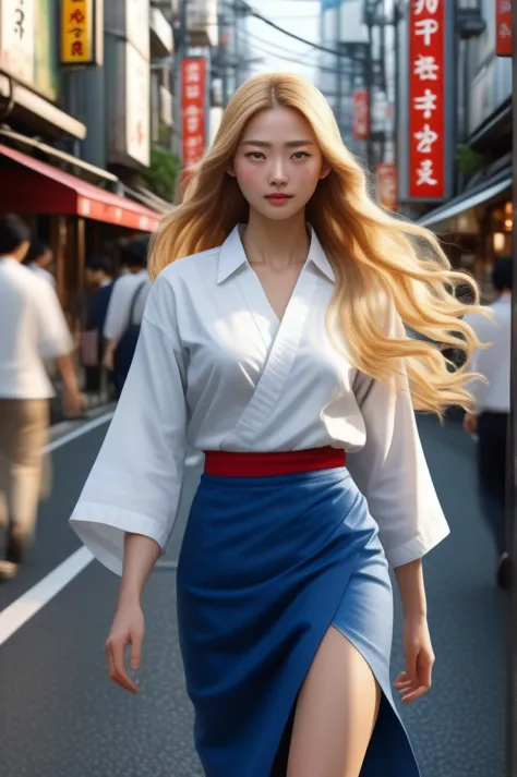 masterpiece, best quality, 8k, photographic reality, realistic, octane rendering, bustling urban streets of japan (1 woman: 1.4)...