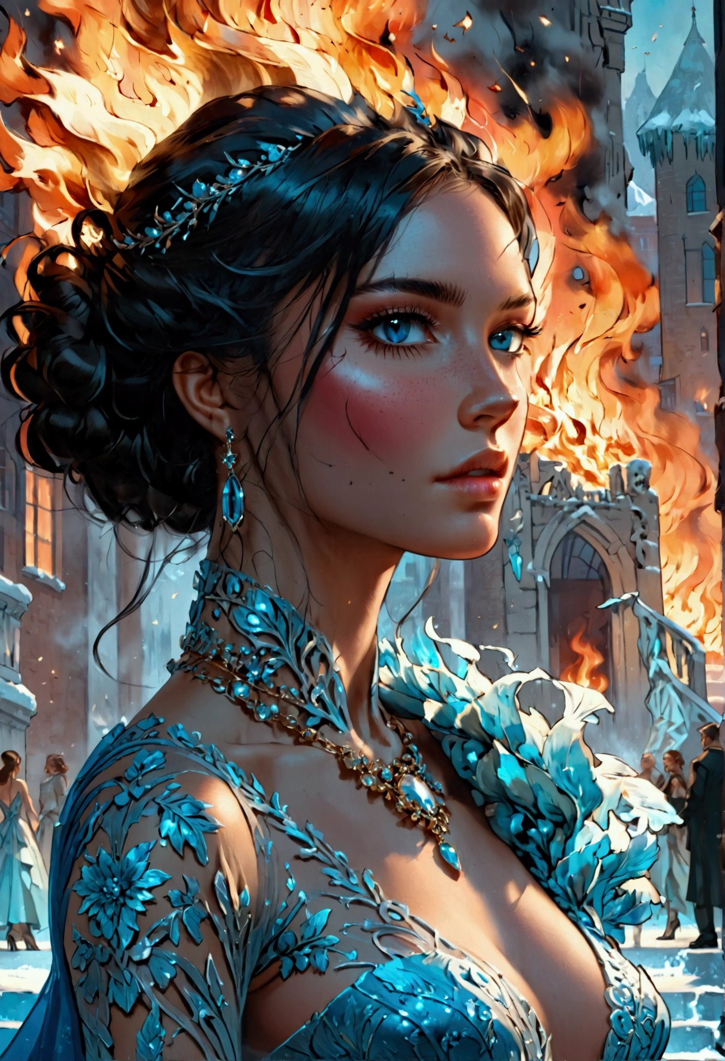 a glamour picture shot, of an elite model covered in fire walking on a icy catwalk, an extraordinary glamourous elite female model, ((full body: 1.5)),  ((anatomically correct: 1.5), (ultra detailed face: 1.2), best detailed face, black hair, long hair, lush hair, glam hair cut, blue eyes, delicate face, light make up, wearing intricate detailed dress, glamour dress, haute couture dress, elite fashion dress, dynamic color dress,  FireMagicAI,  small cleavage, busty wearing high heels, elegant high heels, she wears diamond necklace, she is covered in fire, she walks on an icy catwalk, image reflecting in the ice IceMagicAI, elite fashion show background, vibrant, Hyperrealism style, vibrant, Ultra-high resolution, High Contrast, (masterpiece:1.5), highest quality, Best aesthetics), best details, best quality, highres, ultra wide angle, 16k, [ultra detailed], masterpiece, best quality, (extremely detailed) RAW, FireMagicAI, IceMagicAI, manga style