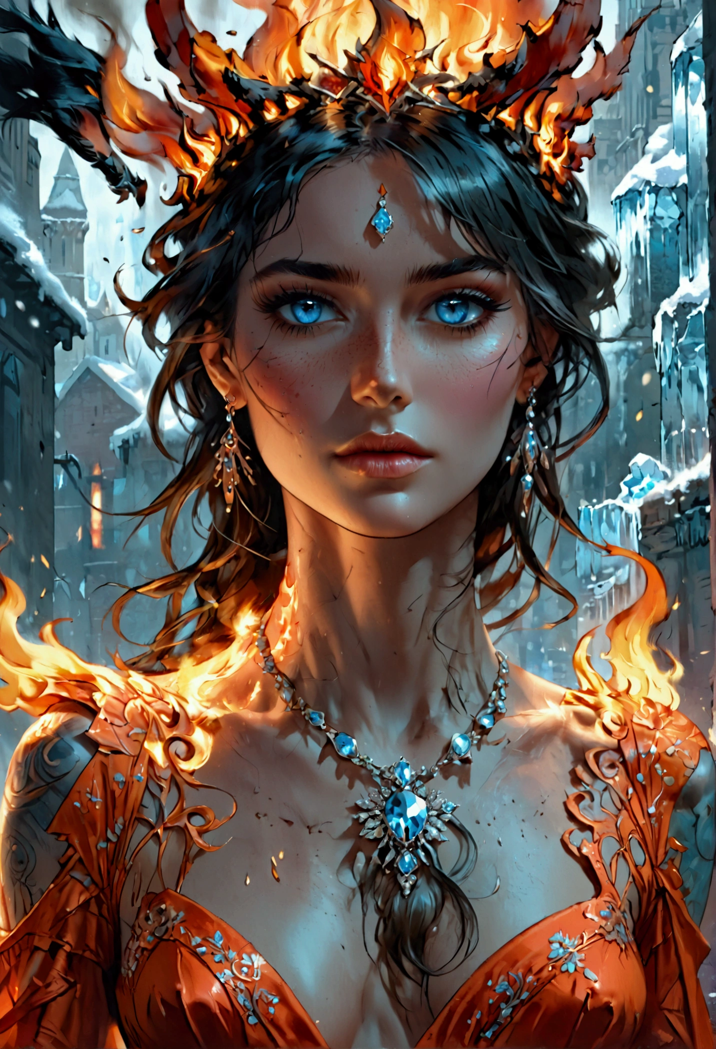 a glamour picture shot, of an elite model covered in fire walking on a icy catwalk, an extraordinary glamourous elite female model, ((full body: 1.5)),  ((anatomically correct: 1.5), (ultra detailed face: 1.2), best detailed face, black hair, long hair, lush hair, glam hair cut, blue eyes, delicate face, light make up, wearing intricate detailed dress, glamour dress, haute couture dress, elite fashion dress, dynamic color dress,  FireMagicAI,  small cleavage, busty wearing high heels, elegant high heels, she wears diamond necklace, she is covered in fire, she walks on an icy catwalk, image reflecting in the ice IceMagicAI, elite fashion show background, vibrant, Hyperrealism style, vibrant, Ultra-high resolution, High Contrast, (masterpiece:1.5), highest quality, Best aesthetics), best details, best quality, highres, ultra wide angle, 16k, [ultra detailed], masterpiece, best quality, (extremely detailed) RAW, FireMagicAI, IceMagicAI, manga style