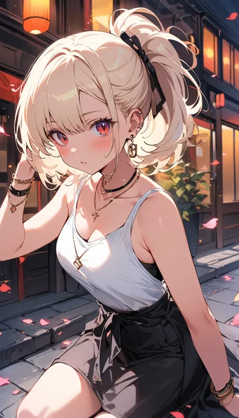 masterpiece, best quality, whole body, a girl, blue eyes bangs, black necklace, blush, bracelet, chest, necklace, clothes surrou...