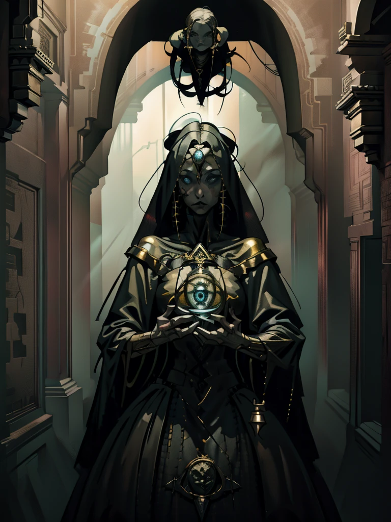 DERPD Female, Cyberpunk Pricing, android cultist killer woman preparing cult ritual, wearing unholy mecha armor, gowns, Symbolism hidden in the walls, Sacred Geometry, dark fantasy scene,sinister atmosphere, In a time of dark gods, senora, senora de idade, witch, sect, 真实感, realisitic, detailded, detaileds, Mechanical gothic background